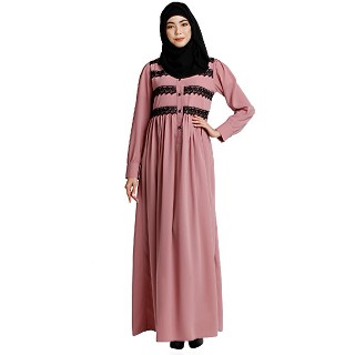 Casual collared abaya with lacework- Baby Pink